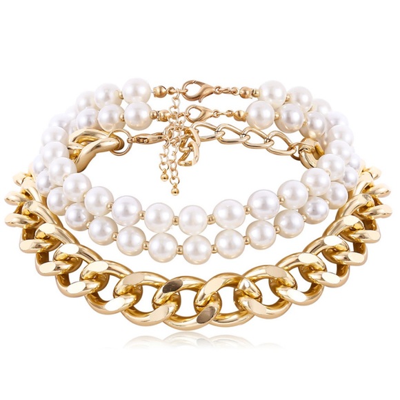 Chunky Gold Chain & Pearl Choker Necklace Set - Picture 4 of 7